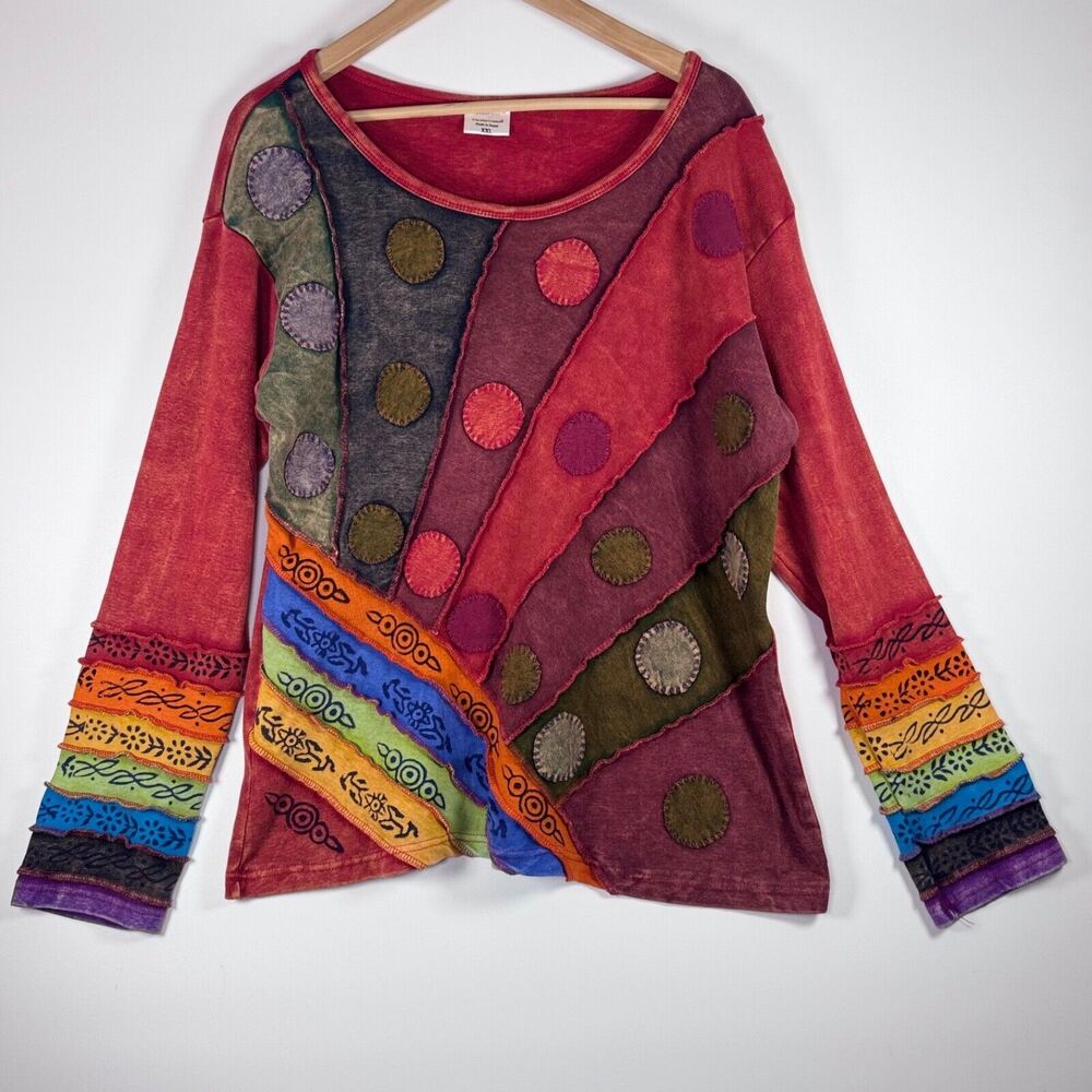 Greater Good Patchwork Boho‎ Top XXL Red Colorful Rainbow Artsy Hippie Raw Edge